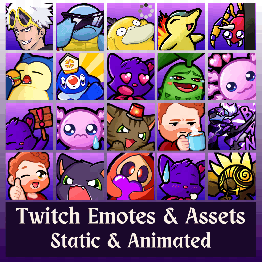 15 various twitch emotes, both static and animated, created by Kizune Creations and Media